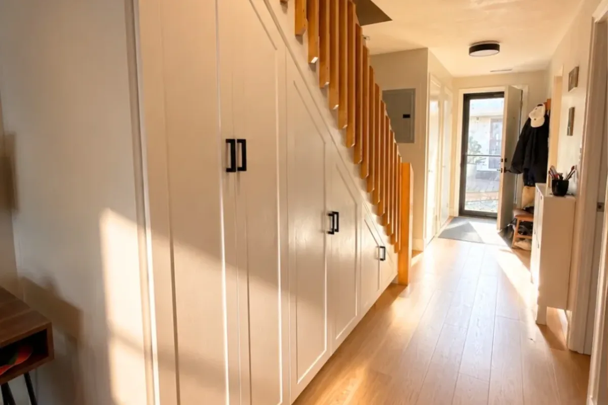 Custom home office built-in cabinets and desk with upper shelving in a Lynnfield, MA home