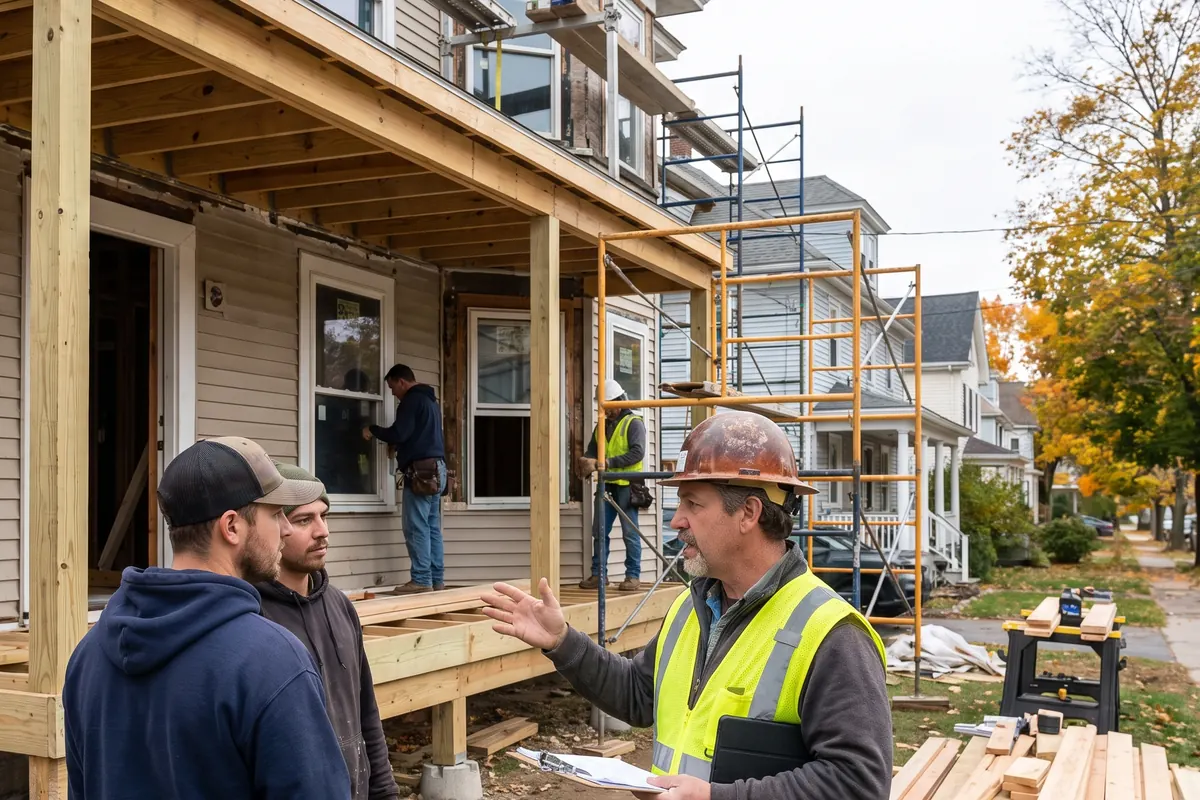 General contractor foreman supervising a construction crew on a home renovation job site in Massachusetts