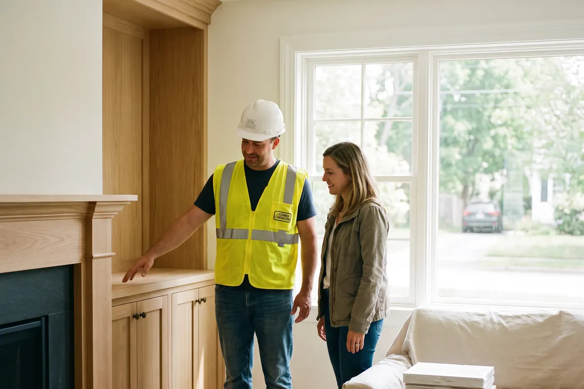 Contractor walking a homeowner through a finished whole-home renovation in a New England home