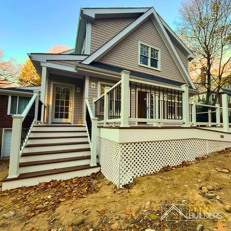 New deck and front porch construction on a Massachusetts home by Innov Builders