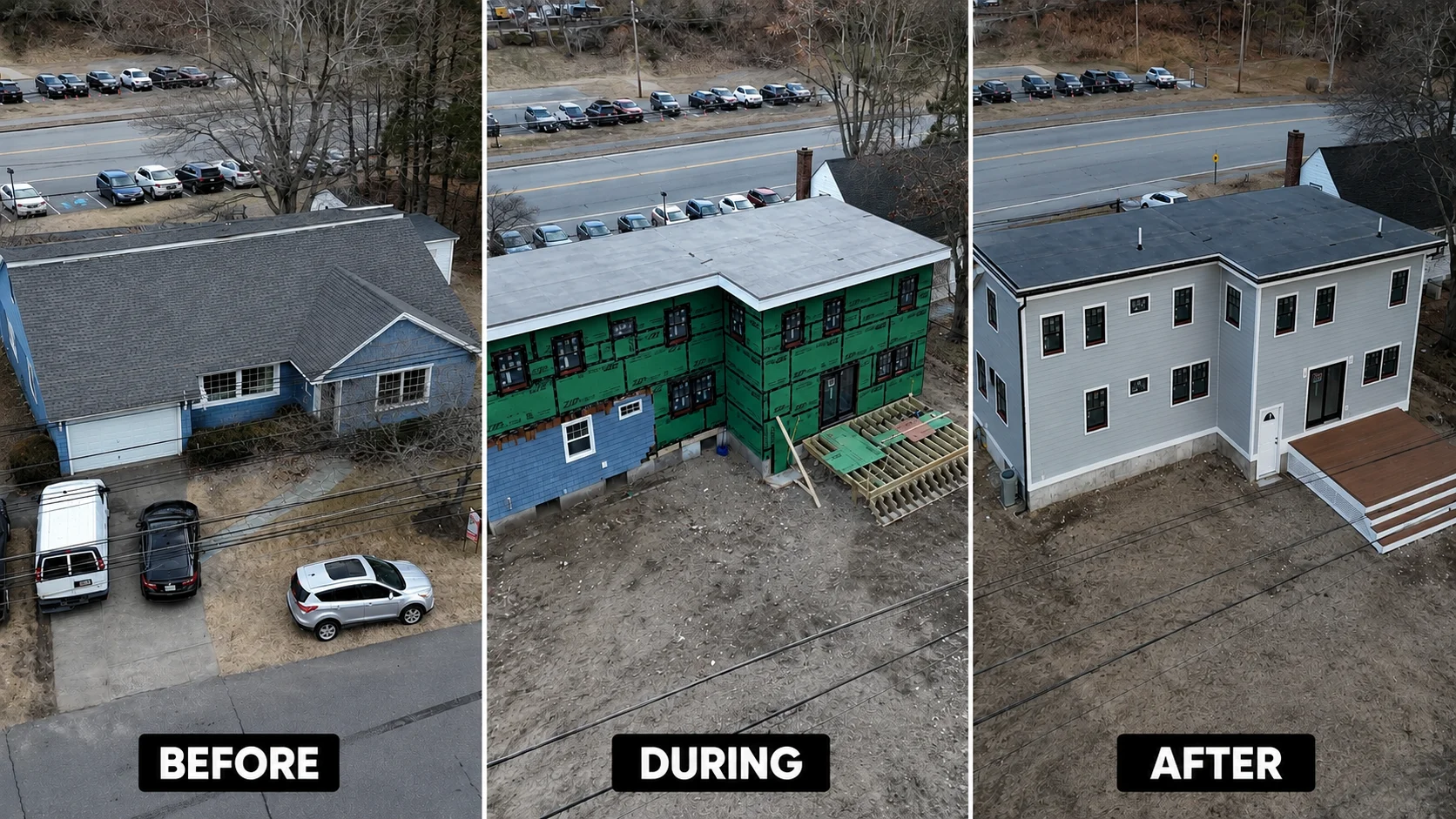 Before during and after aerial view of a home addition in Wakefield MA by Innov Builders